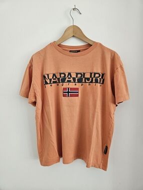 Napapijri Geographic Shirt Mens Large Orange Logo Crew Neck Outdoor Travel